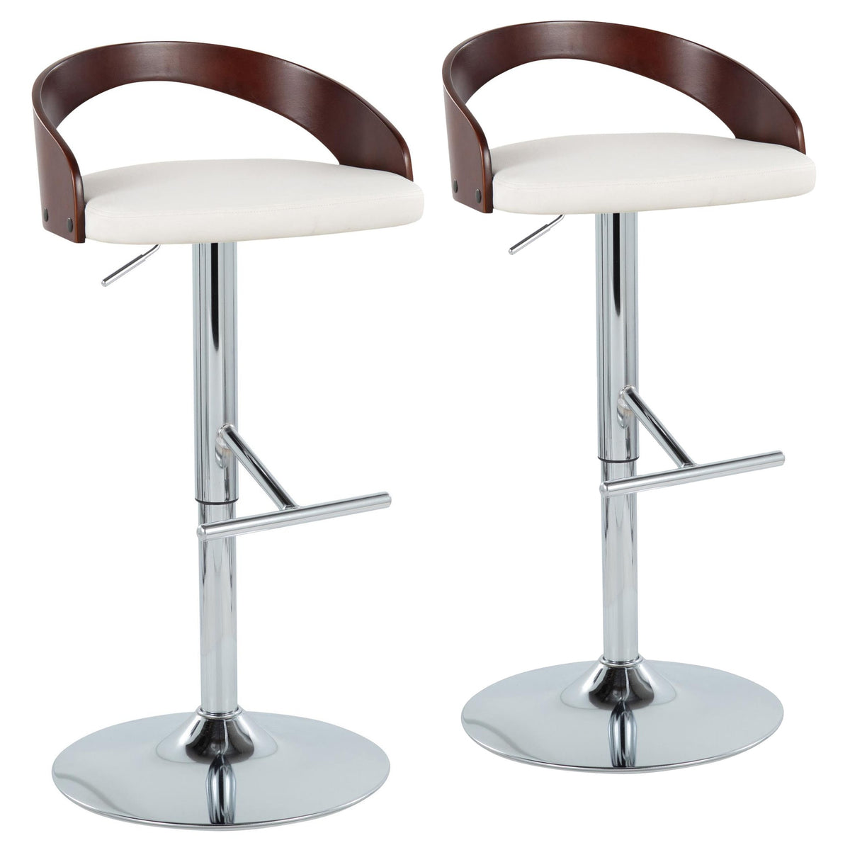 Grotto Mid-Century Modern Adjustable Height Barstool with Swivel in Chrome Metal, Cherry Wood and White Faux Leather with Straight T Footrest by LumiSource - Set of 2
