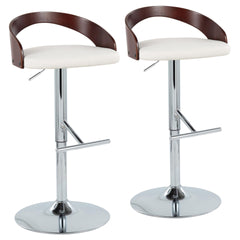 Grotto Mid-Century Modern Adjustable Height Barstool with Swivel in Chrome Metal, Cherry Wood and White Faux Leather with Straight T Footrest by LumiSource - Set of 2
