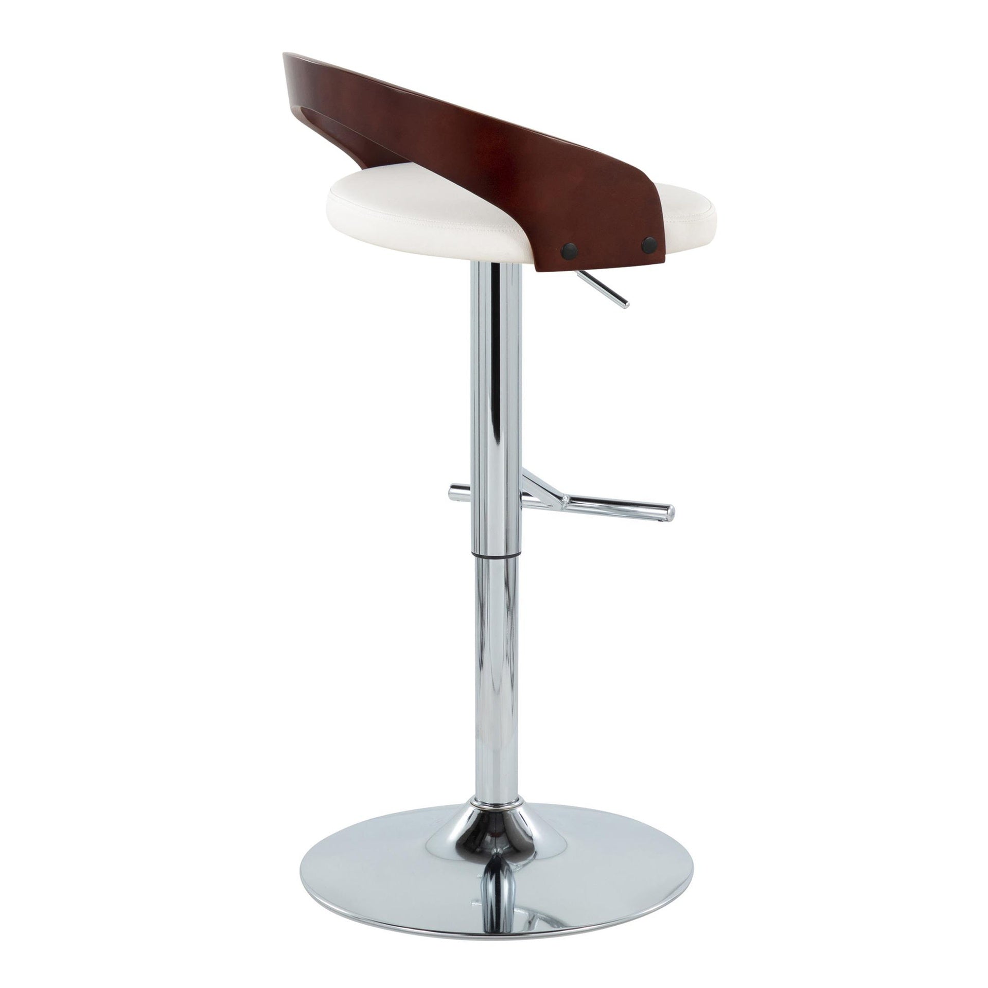 Grotto Mid-Century Modern Adjustable Height Barstool with Swivel in Chrome Metal, Cherry Wood and White Faux Leather with Straight T Footrest by LumiSource - Set of 2