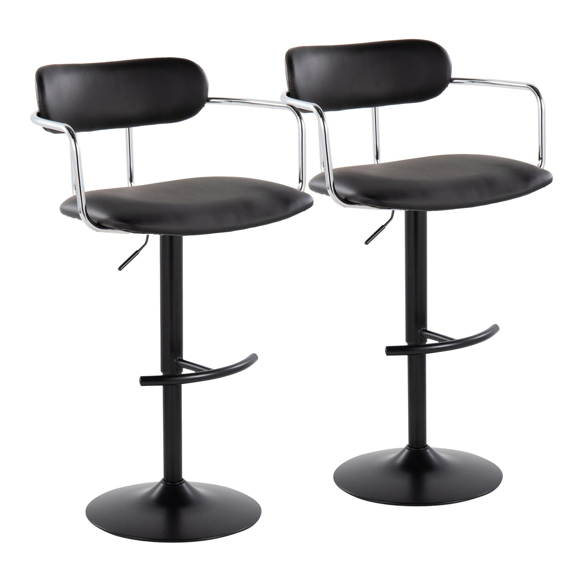 Demi Contemporary Adjustable Height Barstool with Swivel in Black Metal, Chrome Metal and Black Faux Leather with Rounded T Footrest by LumiSource - Set of 2
