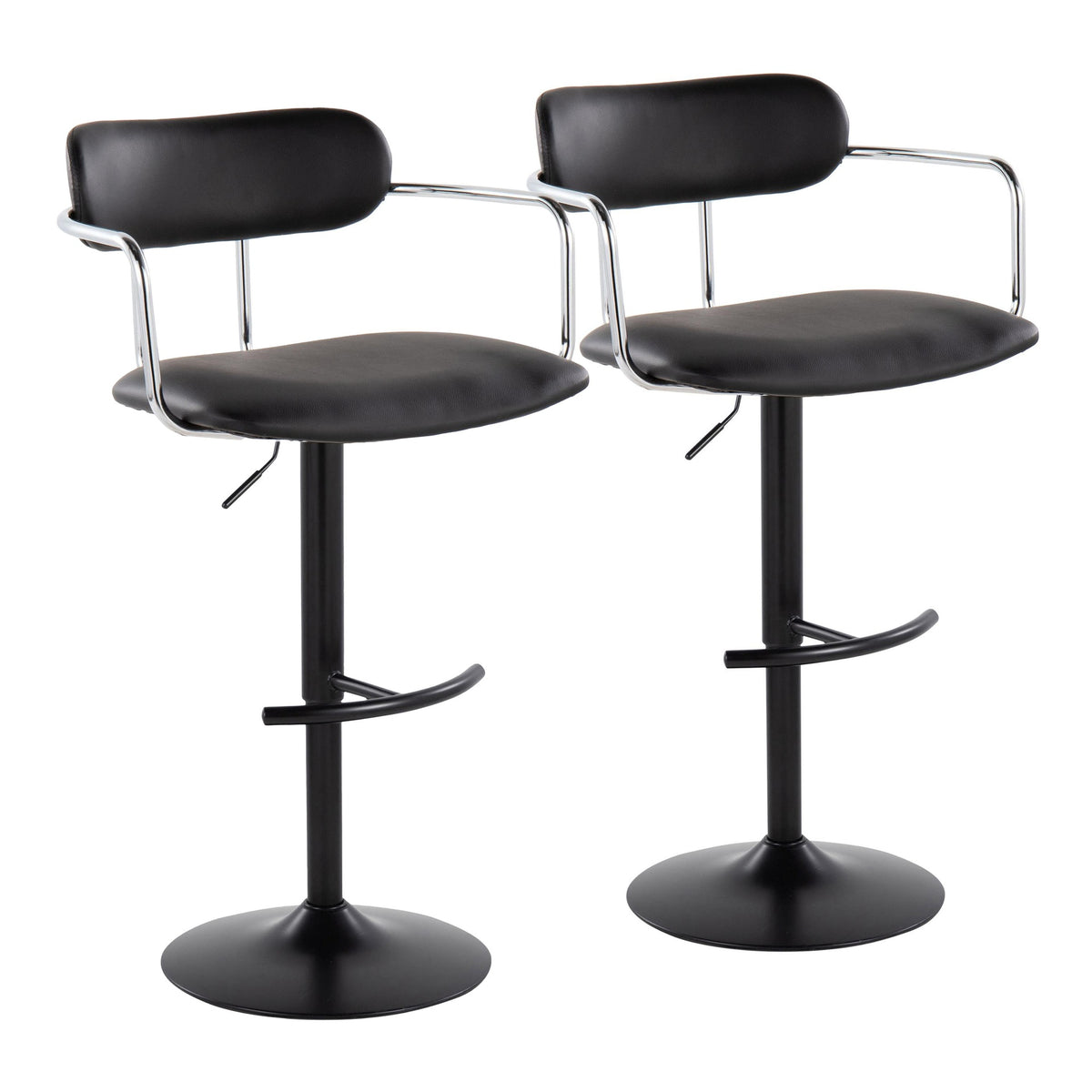 Demi Contemporary Adjustable Height Barstool with Swivel in Black Metal, Chrome Metal and Black Faux Leather with Rounded T Footrest by LumiSource - Set of 2