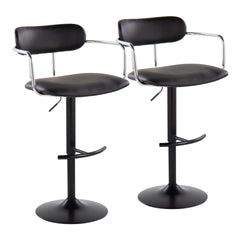 Demi Contemporary Adjustable Height Barstool with Swivel in Black Metal, Chrome Metal and Black Faux Leather with Rounded T Footrest by LumiSource - Set of 2