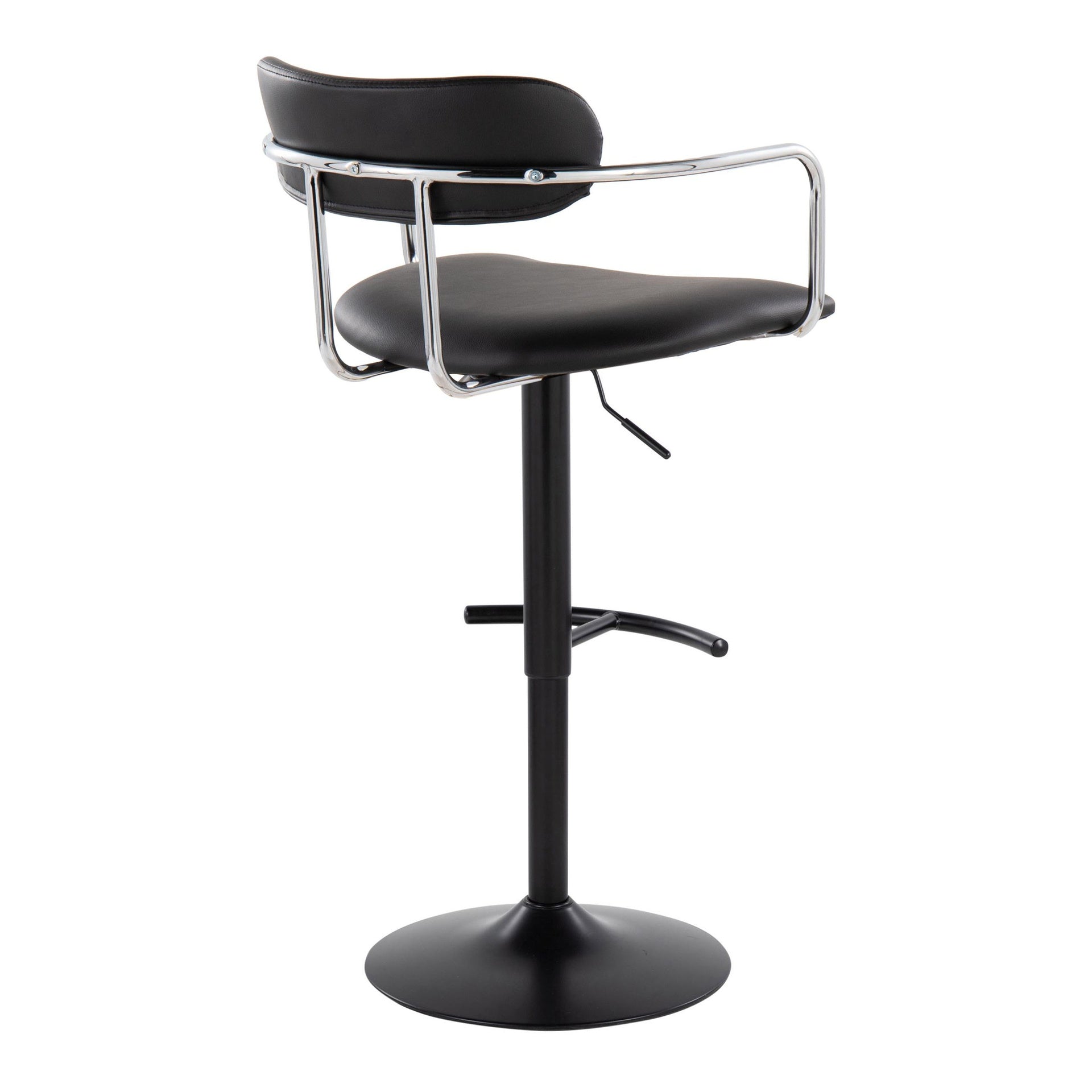 Demi Contemporary Adjustable Height Barstool with Swivel in Black Metal, Chrome Metal and Black Faux Leather with Rounded T Footrest by LumiSource - Set of 2