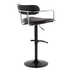 Demi Contemporary Adjustable Height Barstool with Swivel in Black Metal, Chrome Metal and Black Faux Leather with Rounded T Footrest by LumiSource - Set of 2