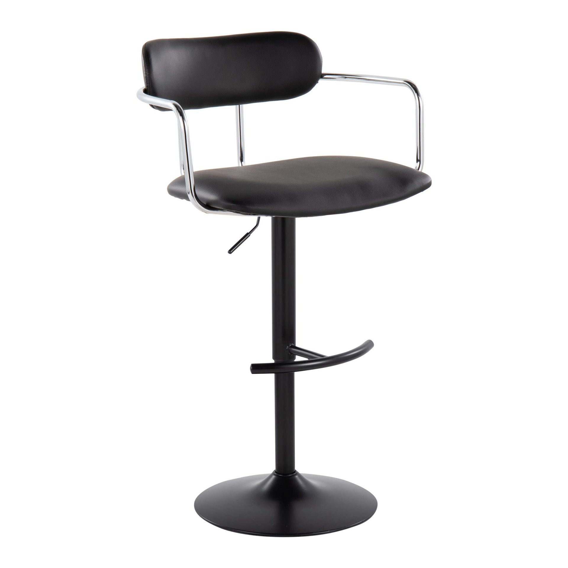 Demi Contemporary Adjustable Height Barstool with Swivel in Black Metal, Chrome Metal and Black Faux Leather with Rounded T Footrest by LumiSource - Set of 2