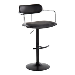 Demi Contemporary Adjustable Height Barstool with Swivel in Black Metal, Chrome Metal and Black Faux Leather with Rounded T Footrest by LumiSource - Set of 2