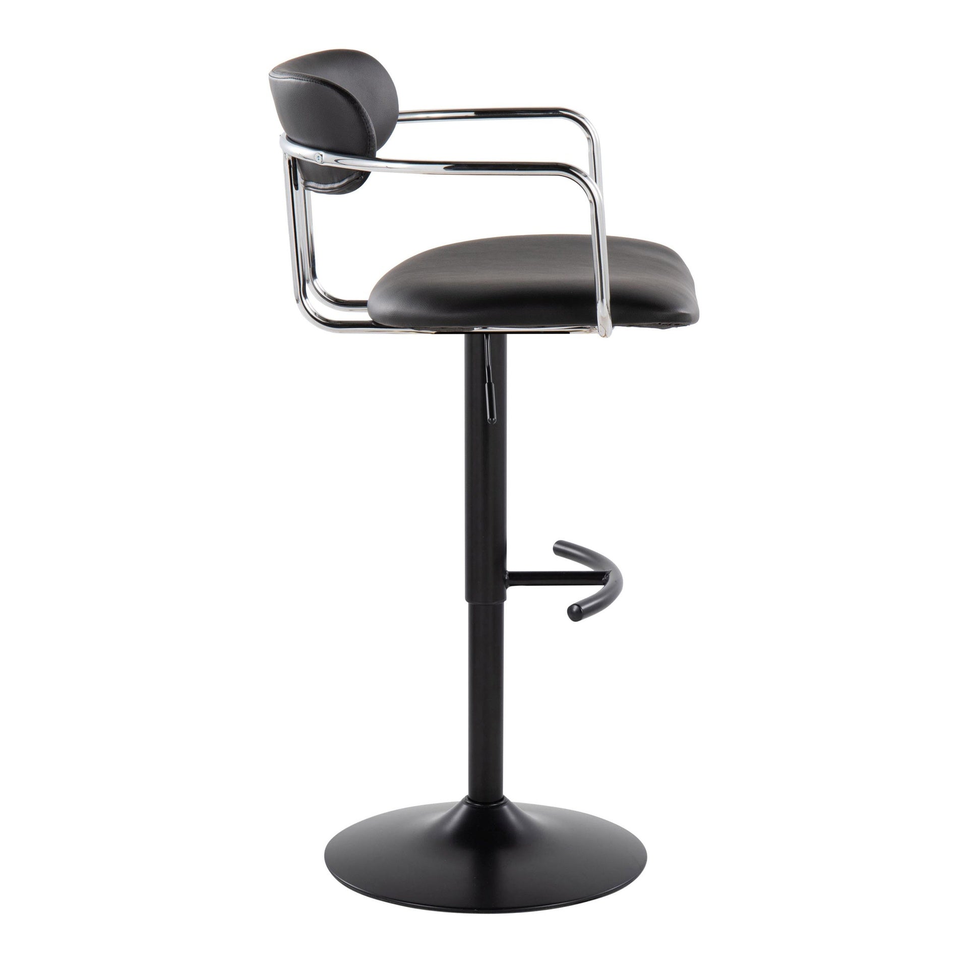 Demi Contemporary Adjustable Height Barstool with Swivel in Black Metal, Chrome Metal and Black Faux Leather with Rounded T Footrest by LumiSource - Set of 2