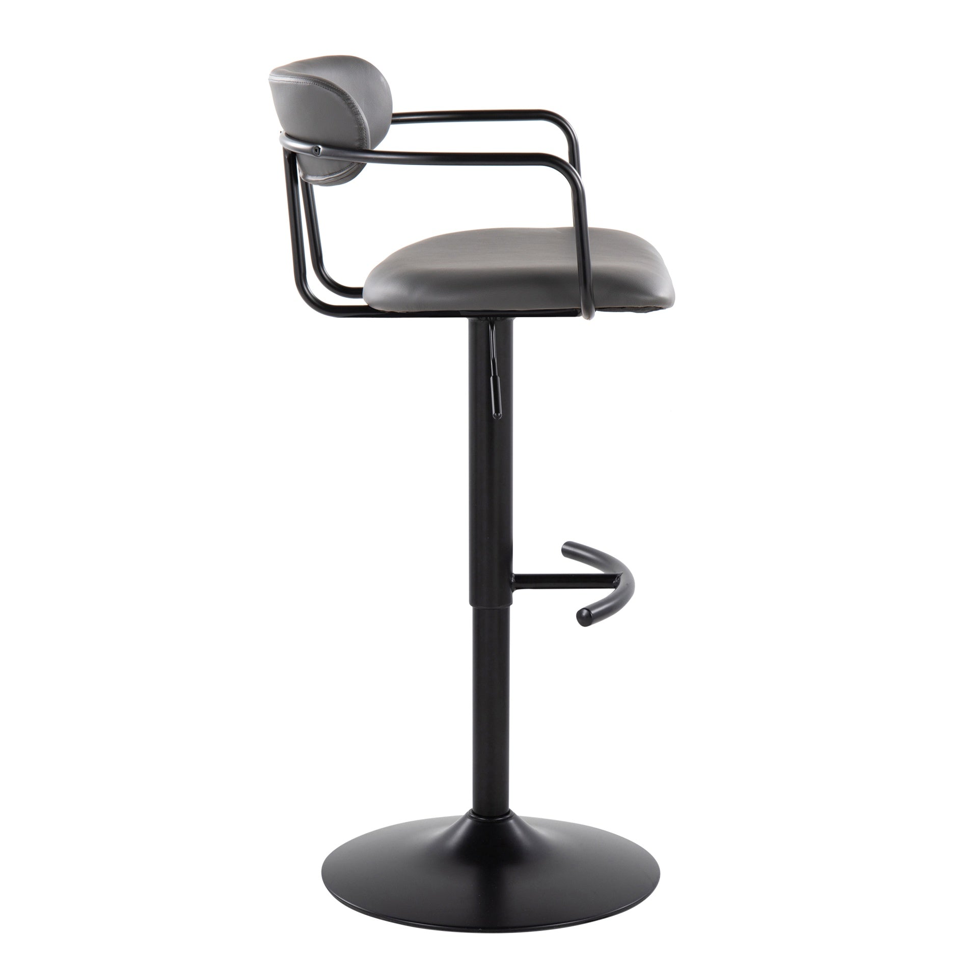 Demi Contemporary Adjustable Height Barstool with Swivel in Black Metal and Grey Faux Leather with Rounded T Footrest by LumiSource - Set of 2