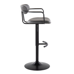 Demi Contemporary Adjustable Height Barstool with Swivel in Black Metal and Grey Faux Leather with Rounded T Footrest by LumiSource - Set of 2