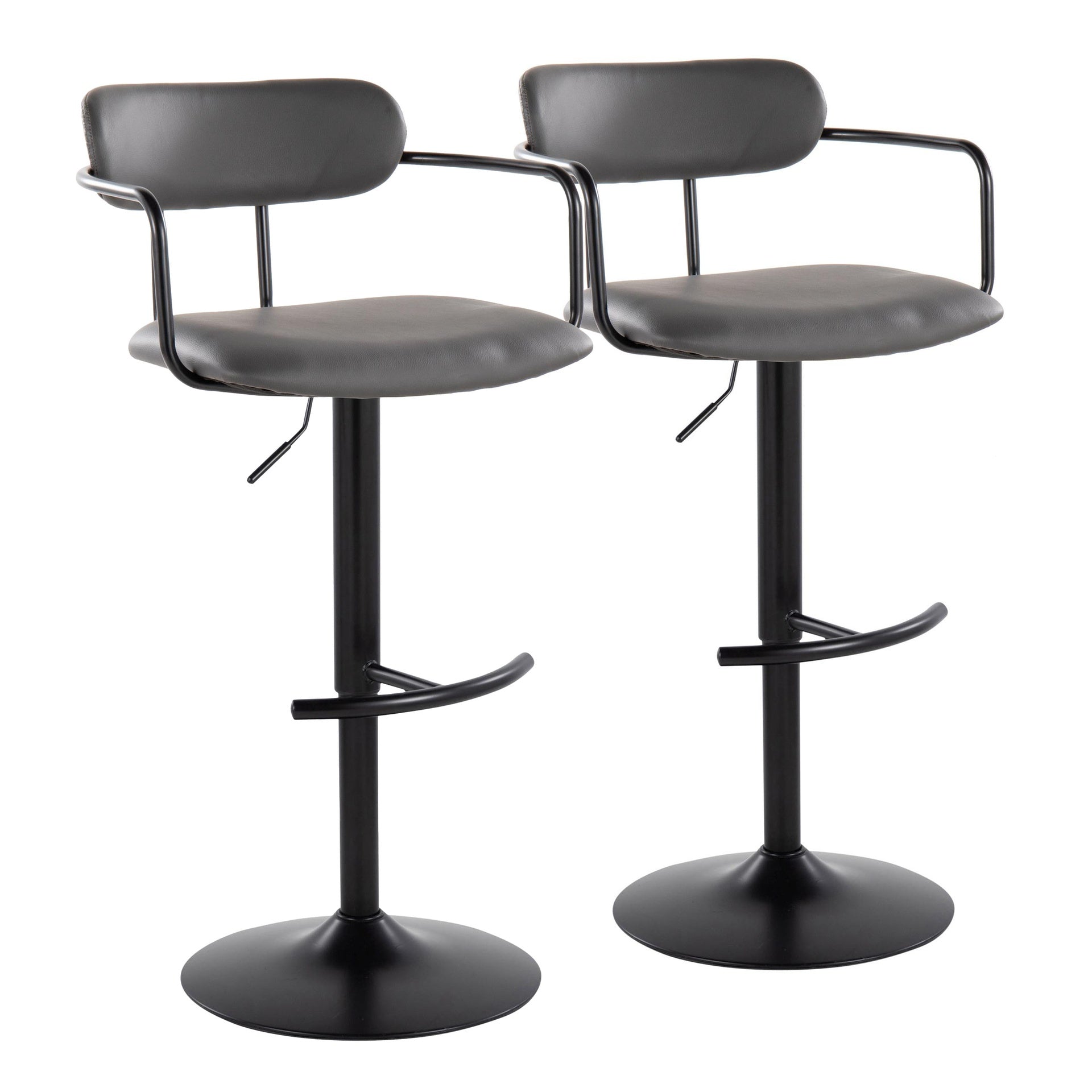 Demi Contemporary Adjustable Height Barstool with Swivel in Black Metal and Grey Faux Leather with Rounded T Footrest by LumiSource - Set of 2