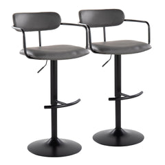 Demi Contemporary Adjustable Height Barstool with Swivel in Black Metal and Grey Faux Leather with Rounded T Footrest by LumiSource - Set of 2