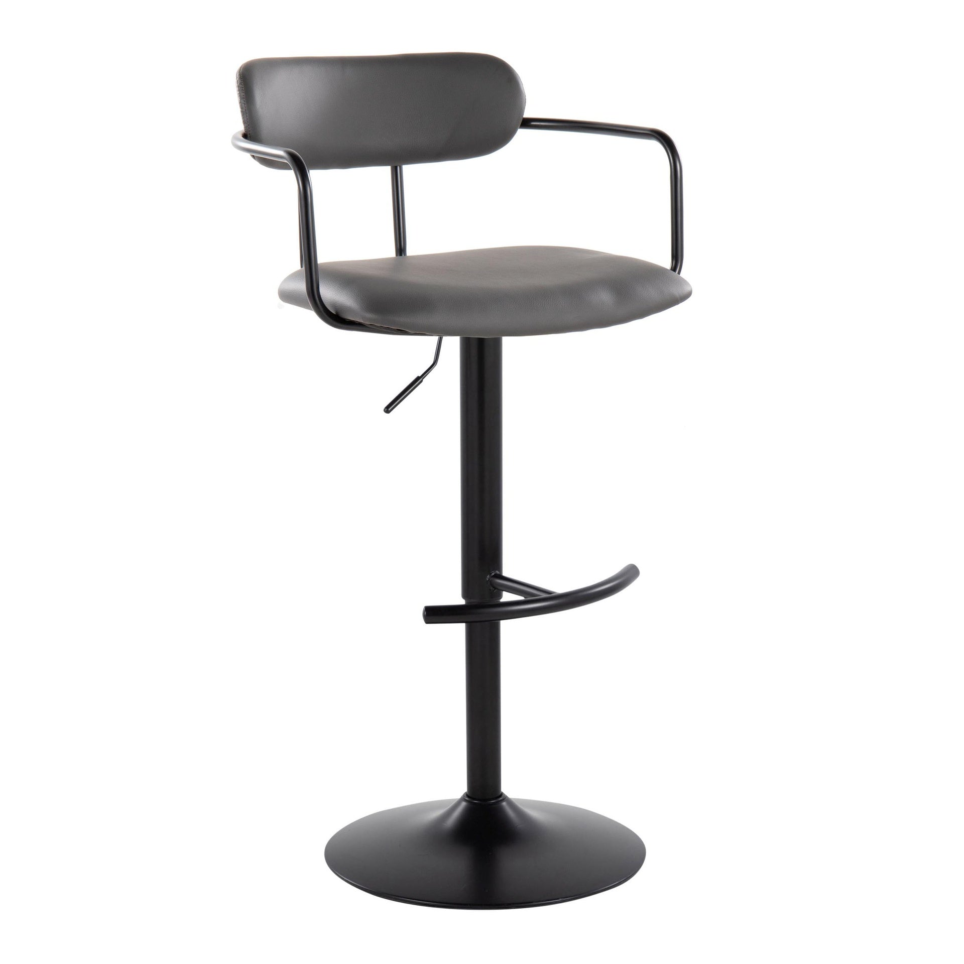 Demi Contemporary Adjustable Height Barstool with Swivel in Black Metal and Grey Faux Leather with Rounded T Footrest by LumiSource - Set of 2