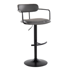 Demi Contemporary Adjustable Height Barstool with Swivel in Black Metal and Grey Faux Leather with Rounded T Footrest by LumiSource - Set of 2