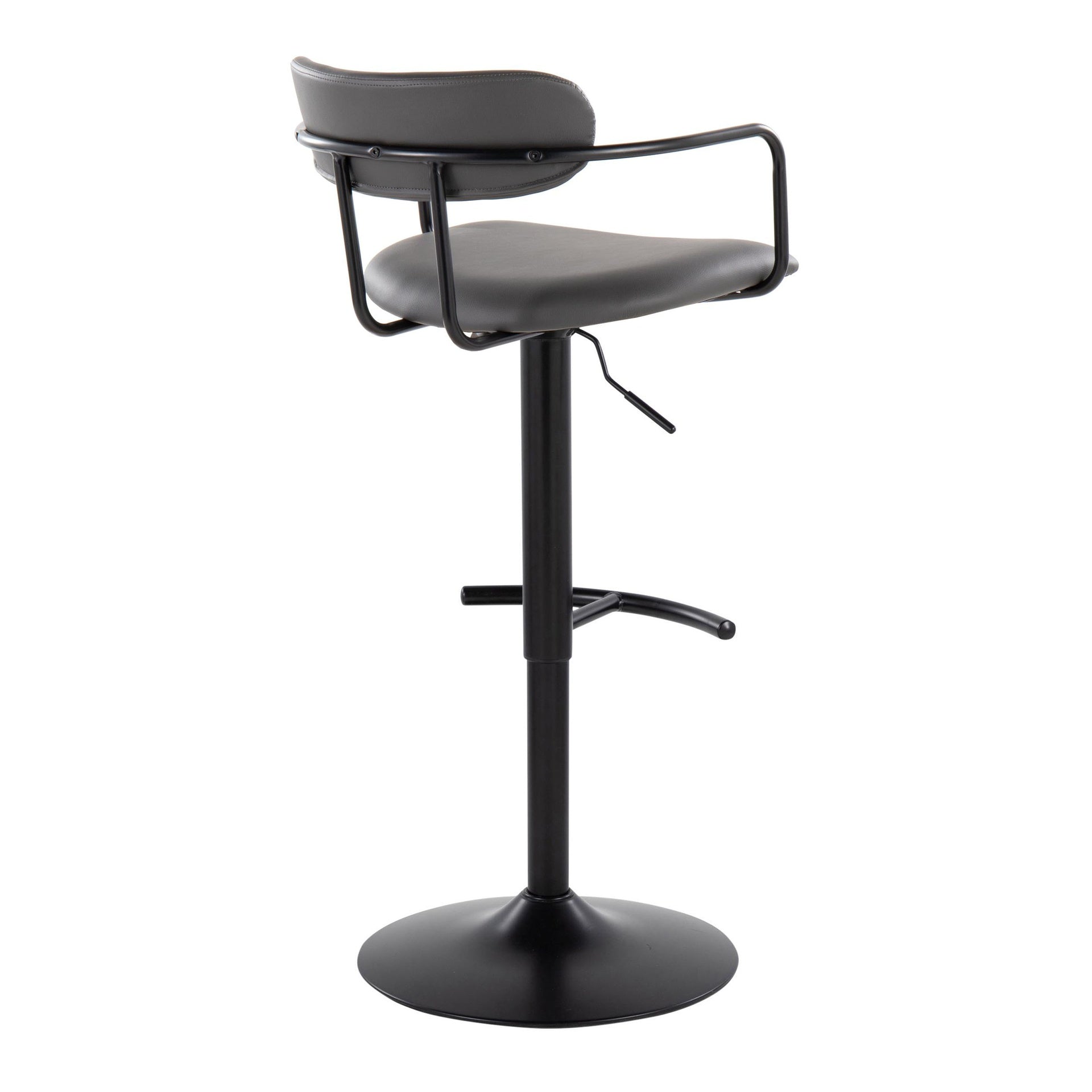 Demi Contemporary Adjustable Height Barstool with Swivel in Black Metal and Grey Faux Leather with Rounded T Footrest by LumiSource - Set of 2