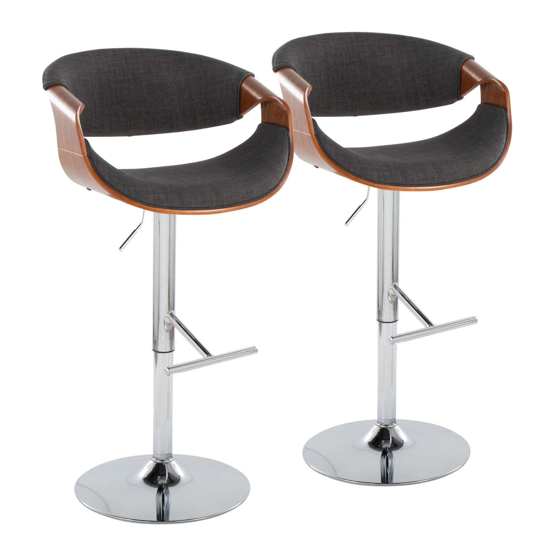 Curvo Mid-Century Modern Adjustable Barstool with Swivel in Chrome Metal, Walnut Wood and Charcoal Fabric with Straight T Footrest by LumiSource - Set of 2