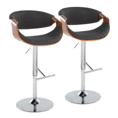 Curvo Mid-Century Modern Adjustable Barstool with Swivel in Chrome Metal, Walnut Wood and Charcoal Fabric with Straight T Footrest by LumiSource - Set of 2