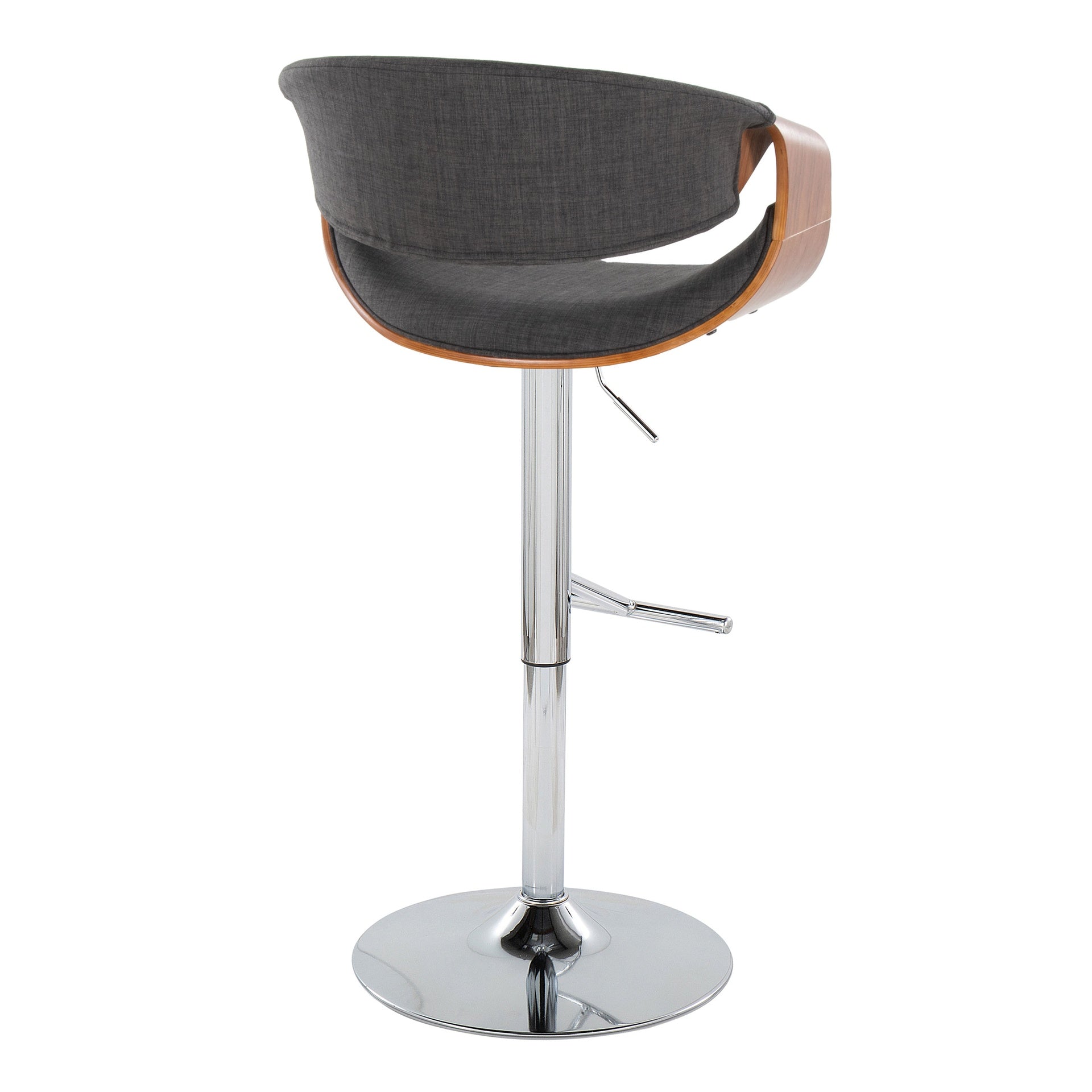 Curvo Mid-Century Modern Adjustable Barstool with Swivel in Chrome Metal, Walnut Wood and Charcoal Fabric with Straight T Footrest by LumiSource - Set of 2