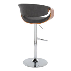 Curvo Mid-Century Modern Adjustable Barstool with Swivel in Chrome Metal, Walnut Wood and Charcoal Fabric with Straight T Footrest by LumiSource - Set of 2