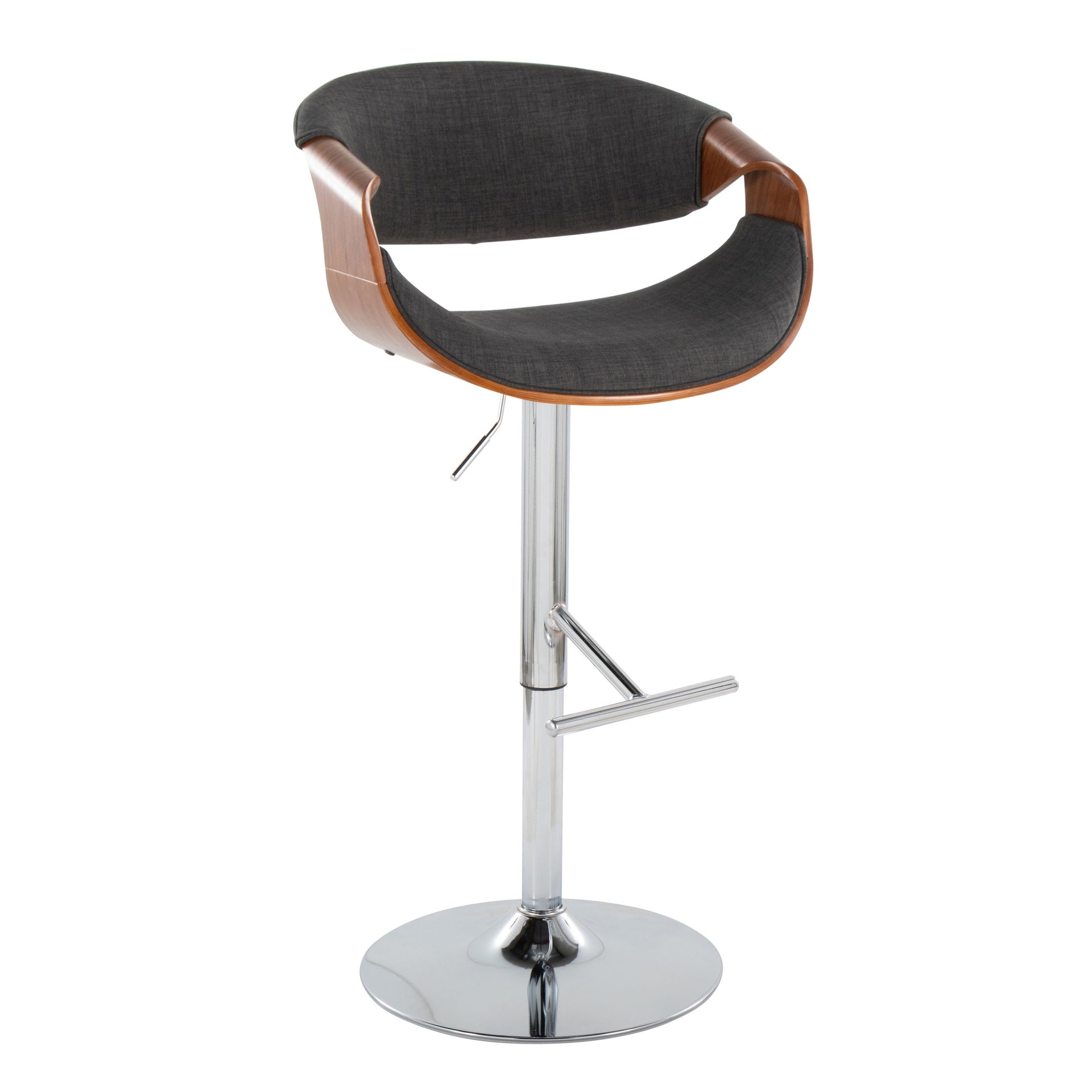 Curvo Mid-Century Modern Adjustable Barstool with Swivel in Chrome Metal, Walnut Wood and Charcoal Fabric with Straight T Footrest by LumiSource - Set of 2