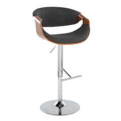 Curvo Mid-Century Modern Adjustable Barstool with Swivel in Chrome Metal, Walnut Wood and Charcoal Fabric with Straight T Footrest by LumiSource - Set of 2