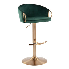 Claire Contemporary/Glam Adjustable Bar Stool in Gold Steel with Rounded T Footrest and Green Velvet by LumiSource - Set of 2