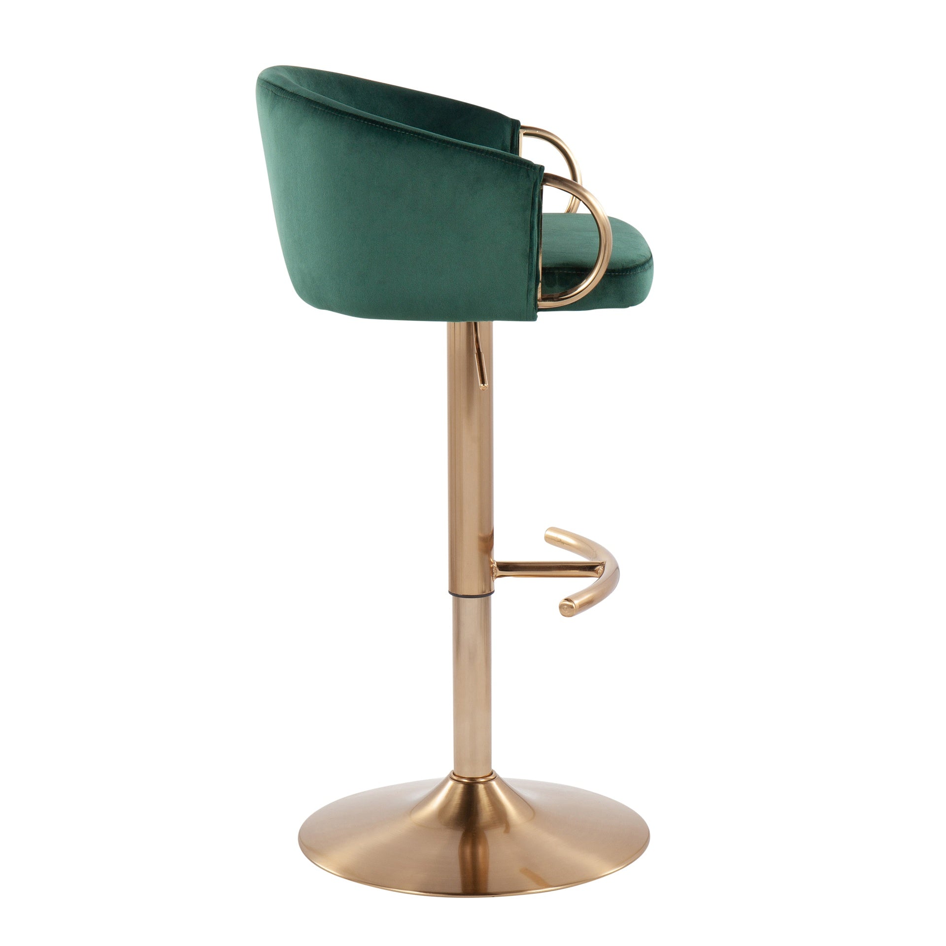 Claire Contemporary/Glam Adjustable Bar Stool in Gold Steel with Rounded T Footrest and Green Velvet by LumiSource - Set of 2