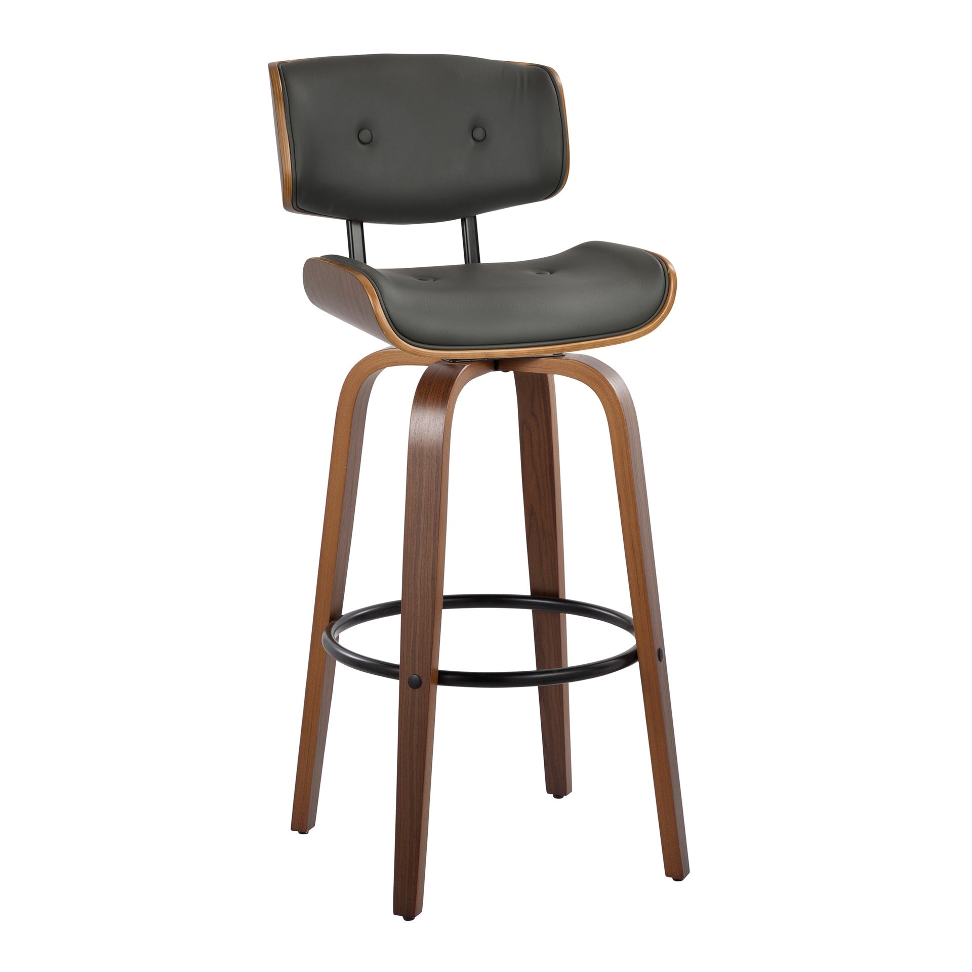 Lombardi 30" Mid-Century Modern Fixed-Height Barstool with Swivel in Walnut Wood and Grey Faux Leather with Round Black Metal Footrest by LumiSource - Set of 2