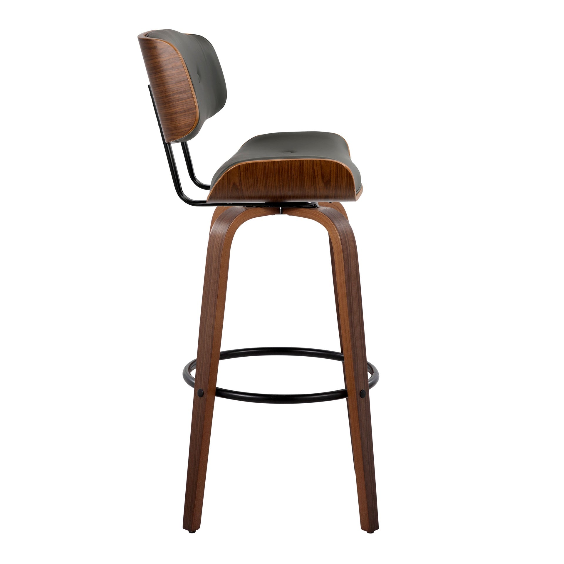Lombardi 30" Mid-Century Modern Fixed-Height Barstool with Swivel in Walnut Wood and Grey Faux Leather with Round Black Metal Footrest by LumiSource - Set of 2