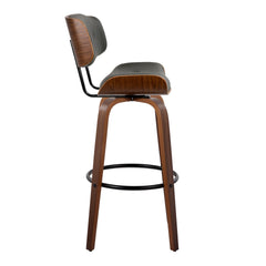 Lombardi 30" Mid-Century Modern Fixed-Height Barstool with Swivel in Walnut Wood and Grey Faux Leather with Round Black Metal Footrest by LumiSource - Set of 2