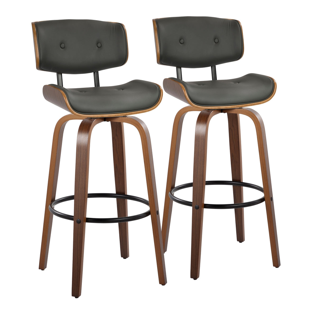 Lombardi 30" Mid-Century Modern Fixed-Height Barstool with Swivel in Walnut Wood and Grey Faux Leather with Round Black Metal Footrest by LumiSource - Set of 2