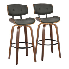 Lombardi 30" Mid-Century Modern Fixed-Height Barstool with Swivel in Walnut Wood and Grey Faux Leather with Round Black Metal Footrest by LumiSource - Set of 2
