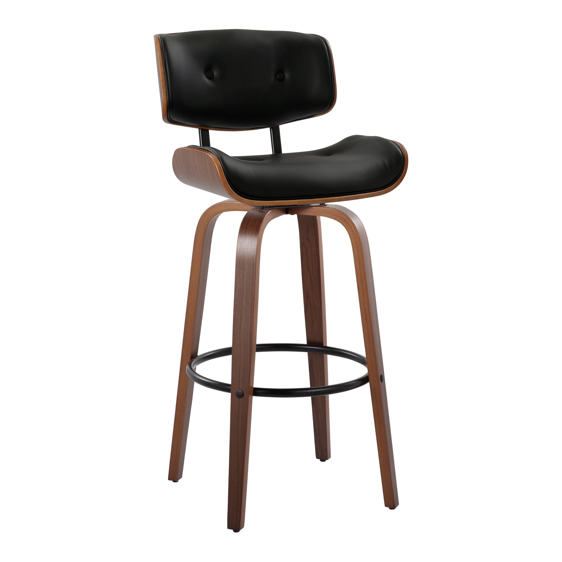 Lombardi 30" Mid-Century Modern Fixed-Height Barstool with Swivel in Walnut Wood and Black Faux Leather with Round Black Metal Footrest by LumiSource - Set of 2