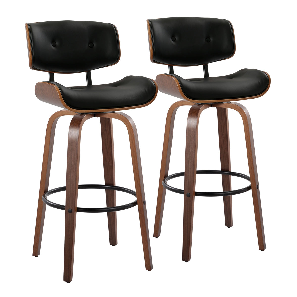 Lombardi 30" Mid-Century Modern Fixed-Height Barstool with Swivel in Walnut Wood and Black Faux Leather with Round Black Metal Footrest by LumiSource - Set of 2