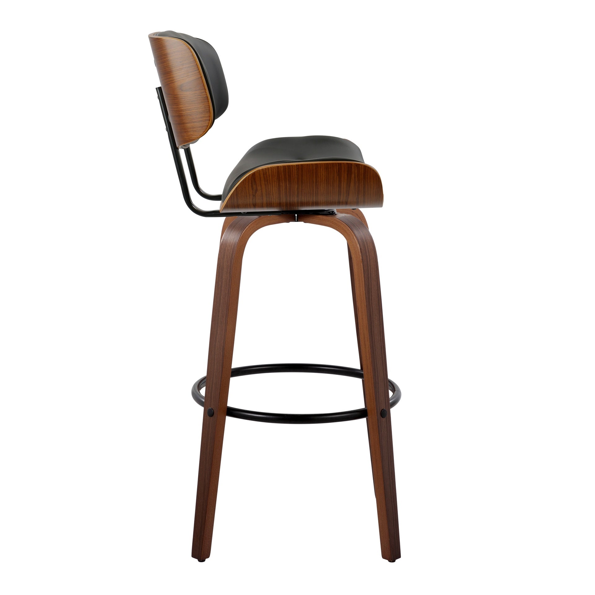 Lombardi 30" Mid-Century Modern Fixed-Height Barstool with Swivel in Walnut Wood and Black Faux Leather with Round Black Metal Footrest by LumiSource - Set of 2