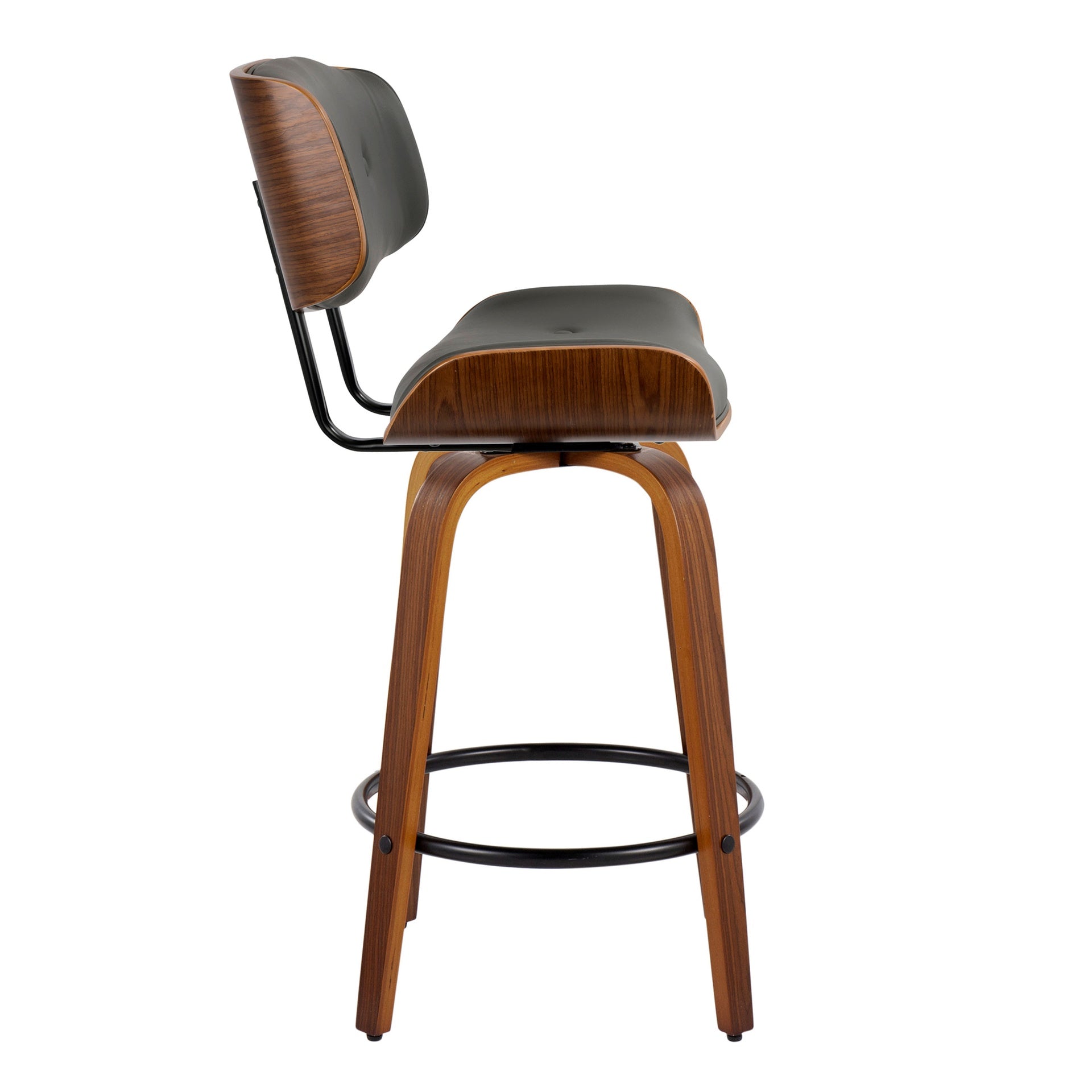Lombardi 26" Mid-Century Modern Fixed-Height Counter Stool with Swivel in Walnut Wood and Grey Faux Leather with Round Black Metal Footrest by LumiSource - Set of 2