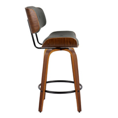 Lombardi 26" Mid-Century Modern Fixed-Height Counter Stool with Swivel in Walnut Wood and Grey Faux Leather with Round Black Metal Footrest by LumiSource - Set of 2