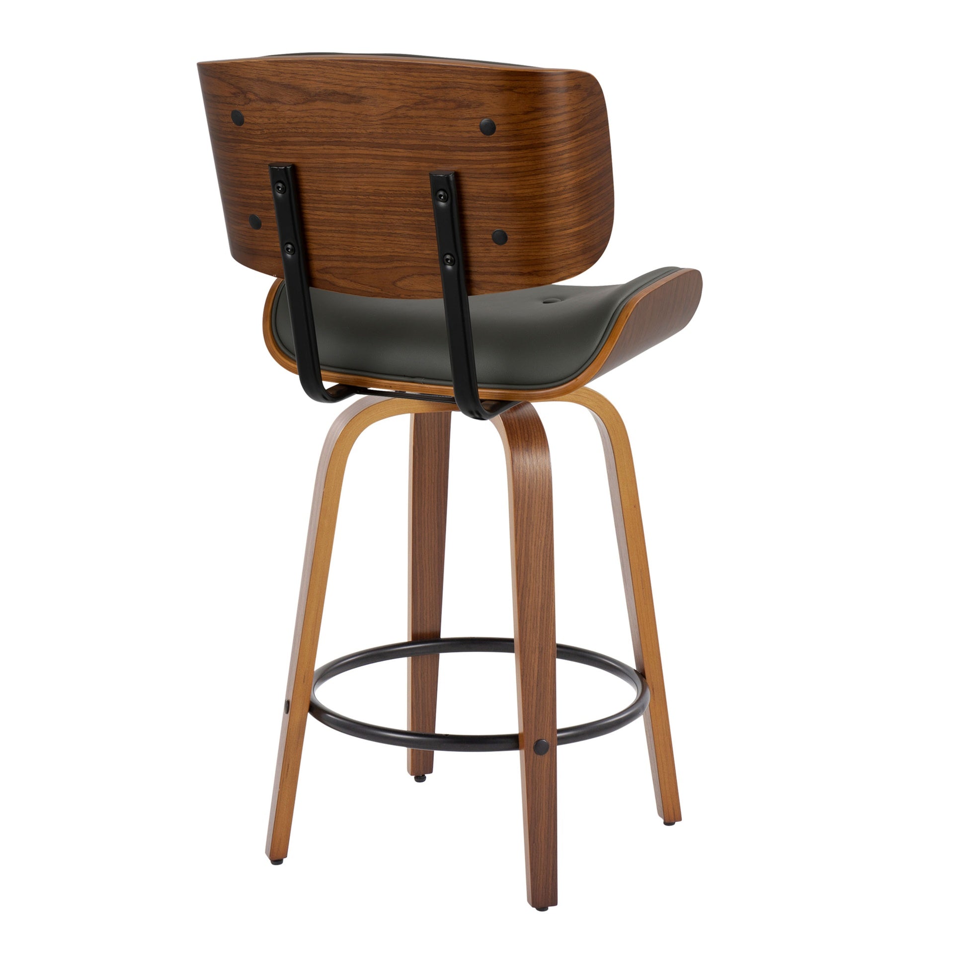Lombardi 26" Mid-Century Modern Fixed-Height Counter Stool with Swivel in Walnut Wood and Grey Faux Leather with Round Black Metal Footrest by LumiSource - Set of 2