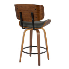 Lombardi 26" Mid-Century Modern Fixed-Height Counter Stool with Swivel in Walnut Wood and Grey Faux Leather with Round Black Metal Footrest by LumiSource - Set of 2
