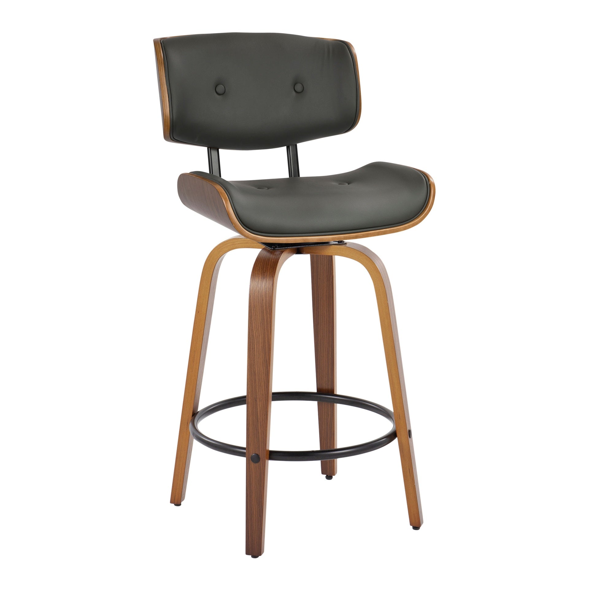 Lombardi 26" Mid-Century Modern Fixed-Height Counter Stool with Swivel in Walnut Wood and Grey Faux Leather with Round Black Metal Footrest by LumiSource - Set of 2
