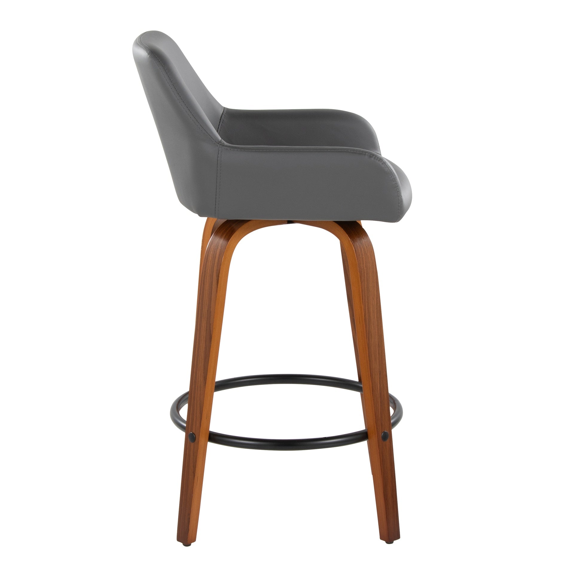 Daniella 26" Contemporary Fixed-Height Counter Stool with Swivel in Walnut Wood and Grey Faux Leather with Round Black Metal Footrest by LumiSource - Set of 2