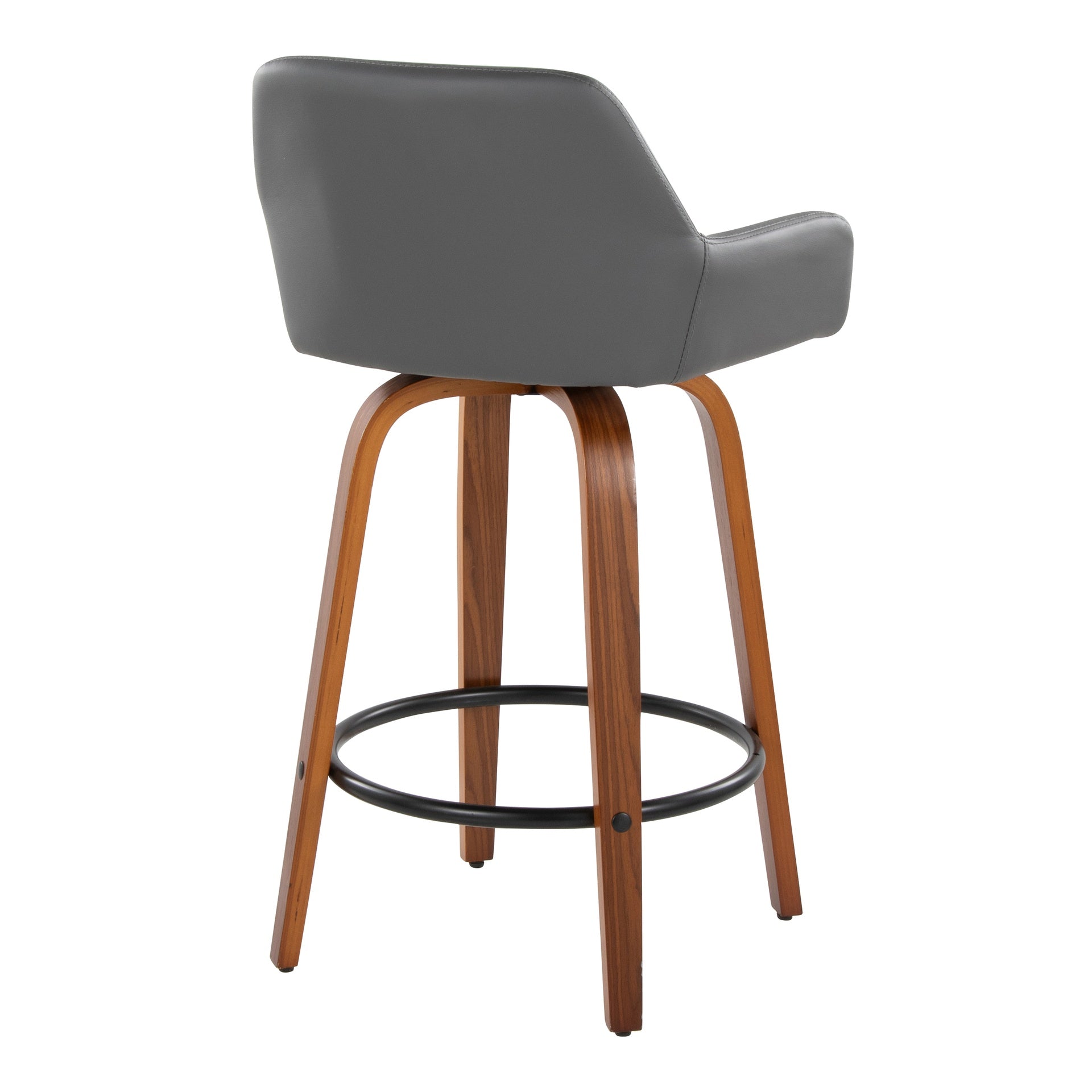 Daniella 26" Contemporary Fixed-Height Counter Stool with Swivel in Walnut Wood and Grey Faux Leather with Round Black Metal Footrest by LumiSource - Set of 2