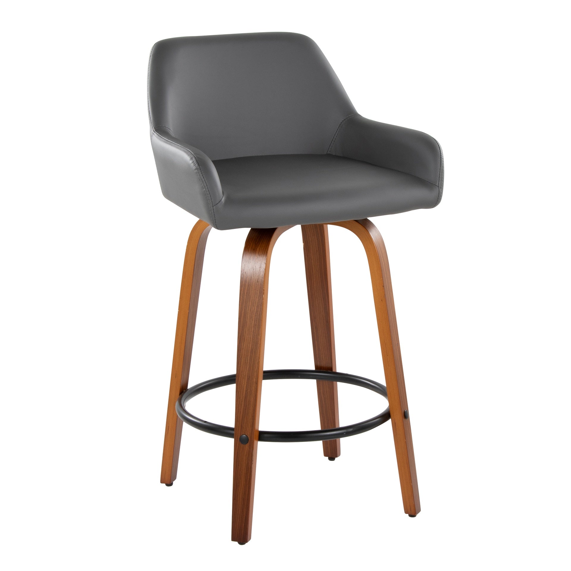 Daniella 26" Contemporary Fixed-Height Counter Stool with Swivel in Walnut Wood and Grey Faux Leather with Round Black Metal Footrest by LumiSource - Set of 2