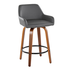 Daniella 26" Contemporary Fixed-Height Counter Stool with Swivel in Walnut Wood and Grey Faux Leather with Round Black Metal Footrest by LumiSource - Set of 2