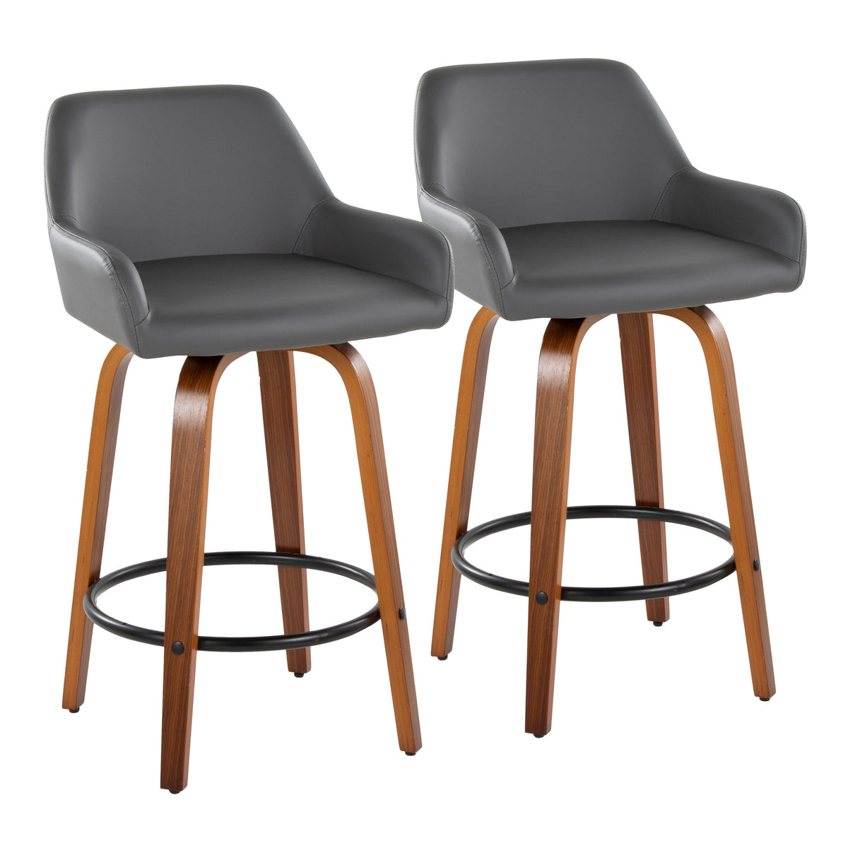 Daniella 26" Contemporary Fixed-Height Counter Stool with Swivel in Walnut Wood and Grey Faux Leather with Round Black Metal Footrest by LumiSource - Set of 2