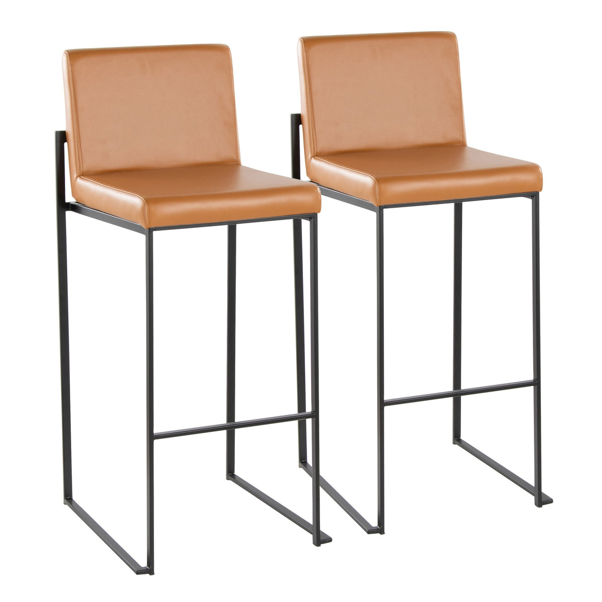 Fuji 30" Contemporary High Back Barstool in Black Metal and Camel Faux Leather by LumiSource - Set of 2