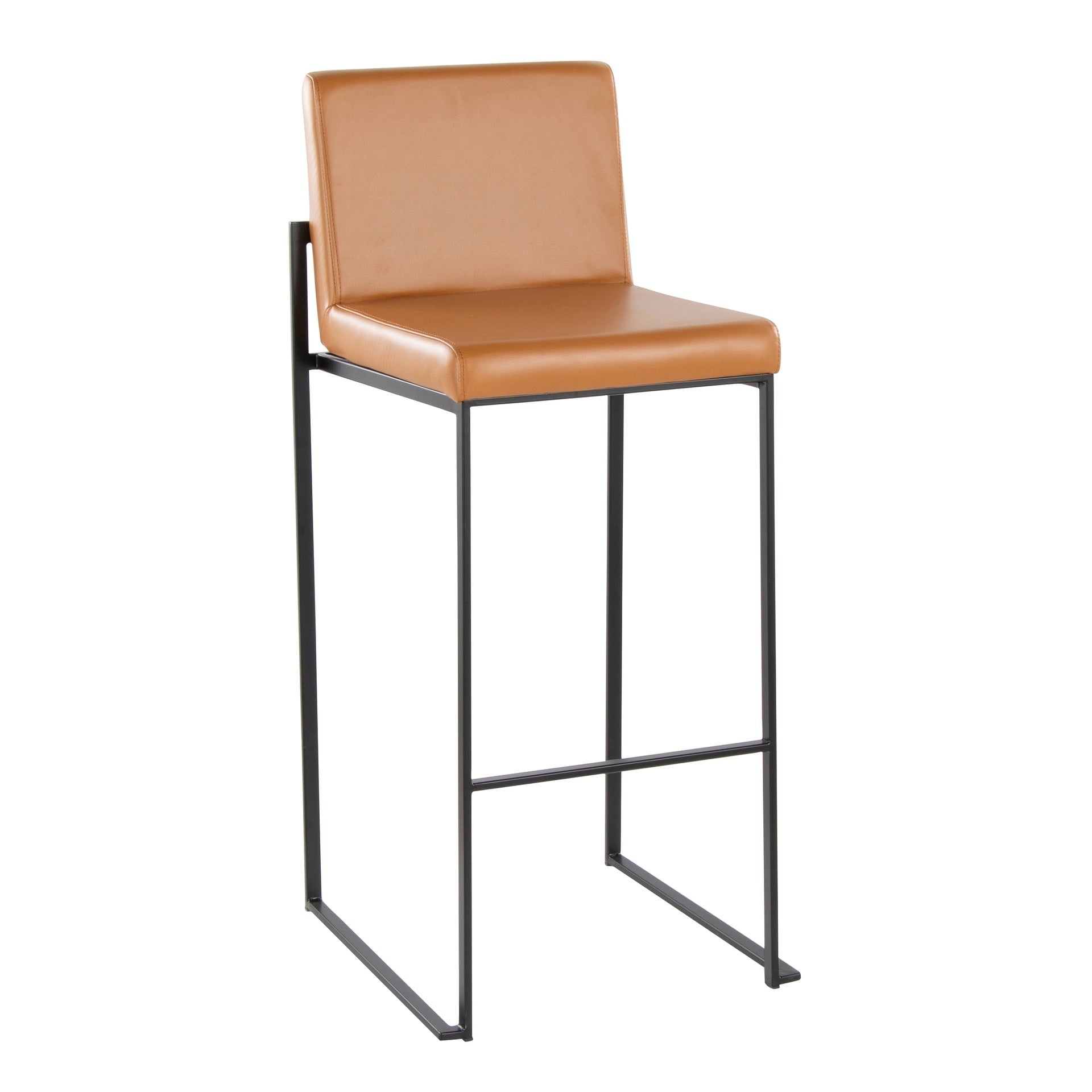 Fuji 30" Contemporary High Back Barstool in Black Metal and Camel Faux Leather by LumiSource - Set of 2