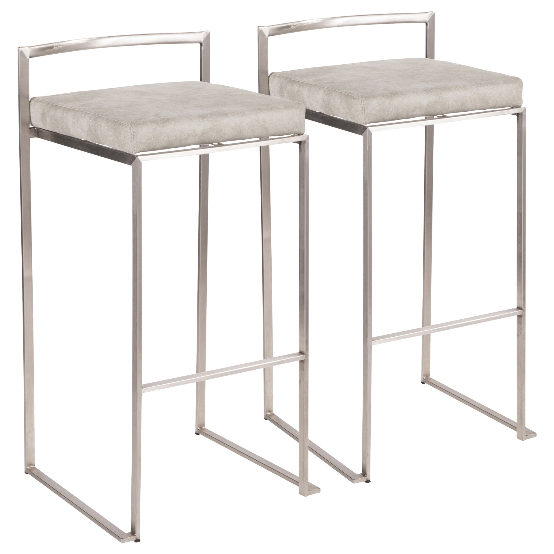 Fuji Contemporary Stackable Barstool in Stainless Steel with Light Grey Cowboy Fabric Cushion by LumiSource - Set of 2