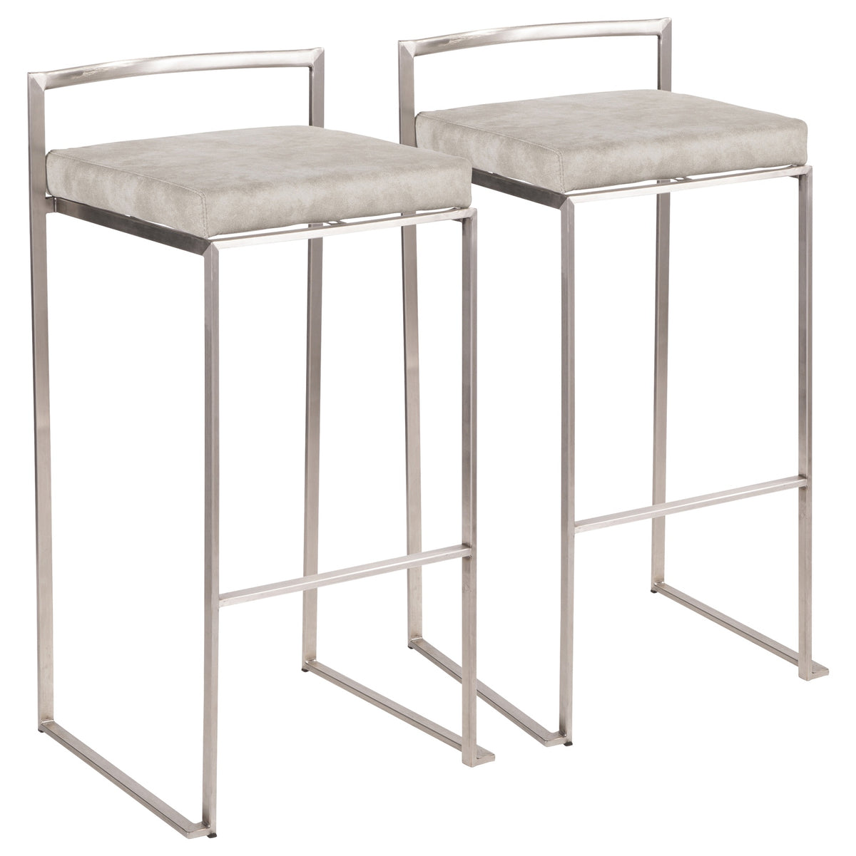 Fuji Contemporary Stackable Barstool in Stainless Steel with Light Grey Cowboy Fabric Cushion by LumiSource - Set of 2