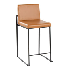 Fuji 26" Contemporary High Back Barstool in Black Metal and Camel Faux Leather by LumiSource - Set of 2