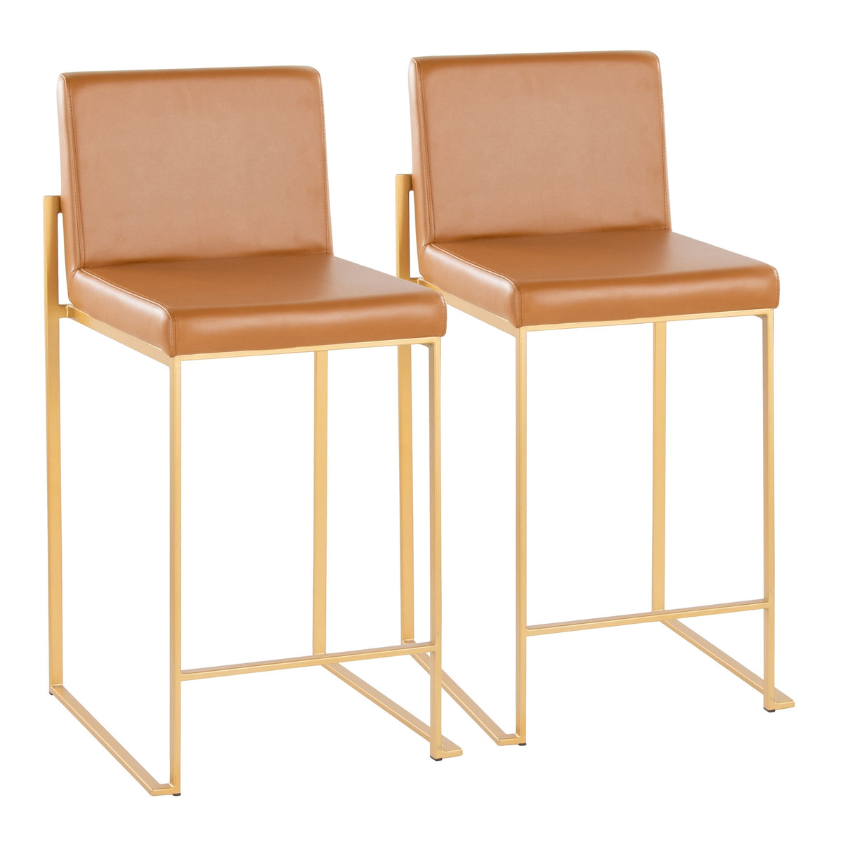 Fuji 26" Contemporary High Back Barstool in Gold Metal and Camel Faux Leather by LumiSource - Set of 2